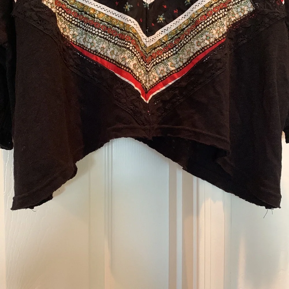 Free People Boho Prairie Days Printed Lace-Trim Linen Blend Blouse size small